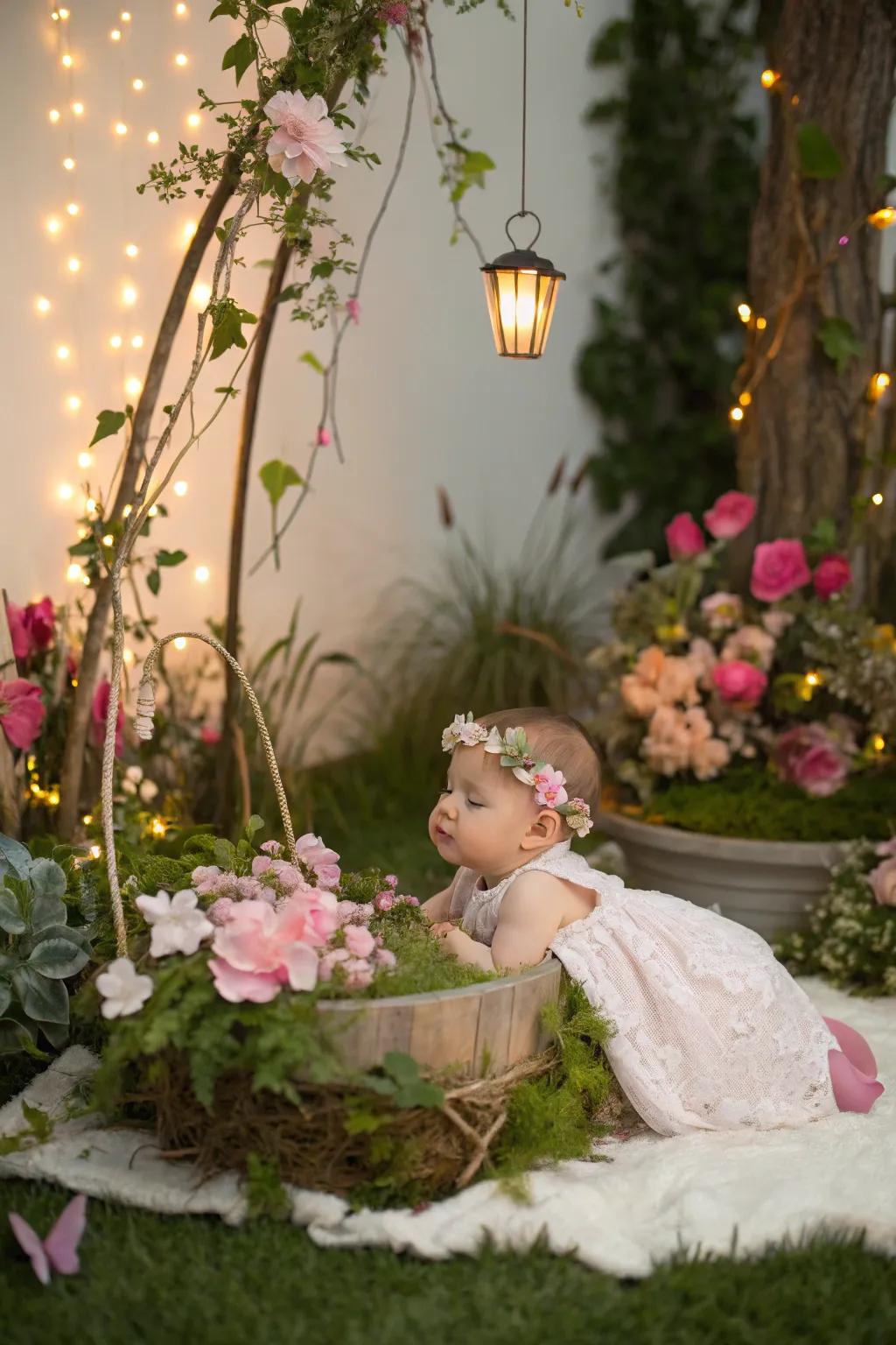 An enchanting garden setting for a dreamy newborn photo.