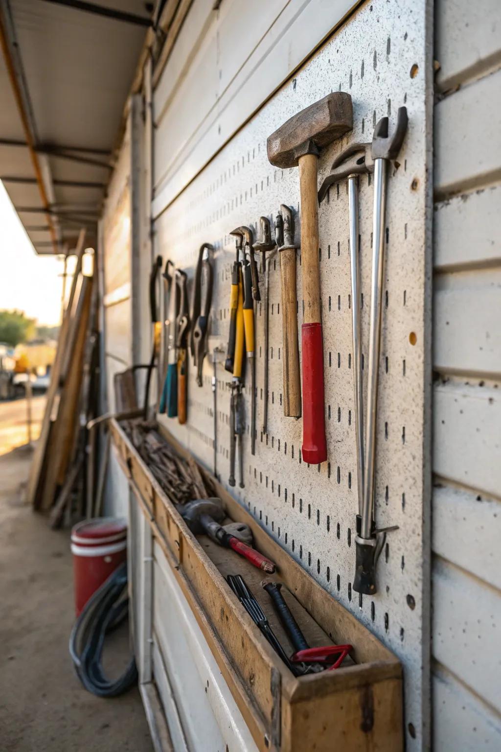 Hooks on the wall keep tools organized and accessible.