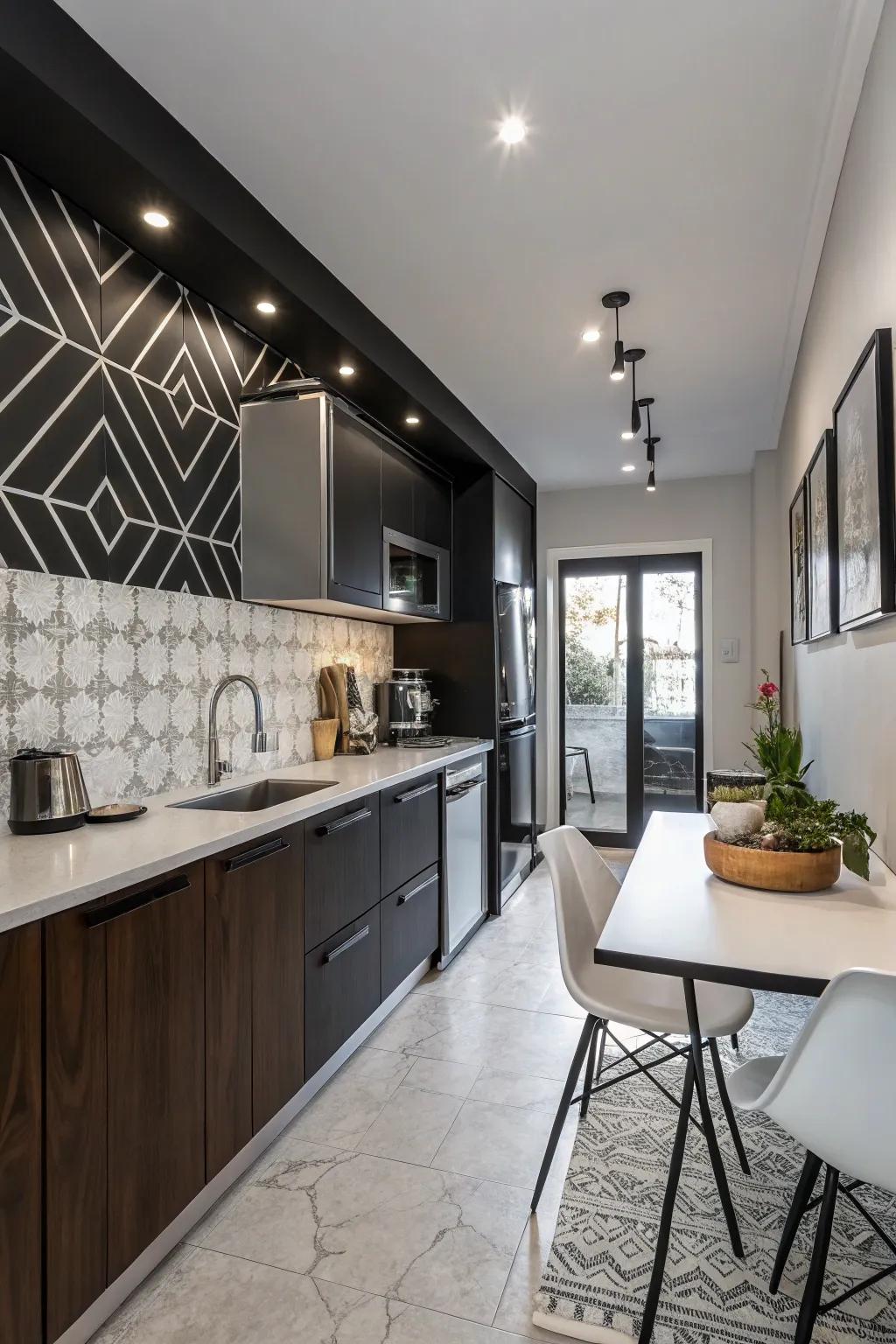 Black and white walls provide a modern and timeless kitchen style.