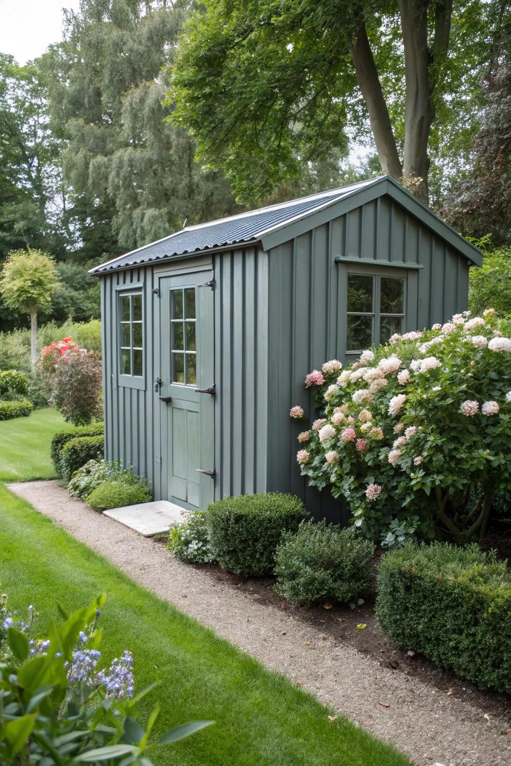 A galvanized grey shed adding a modern twist to the garden.