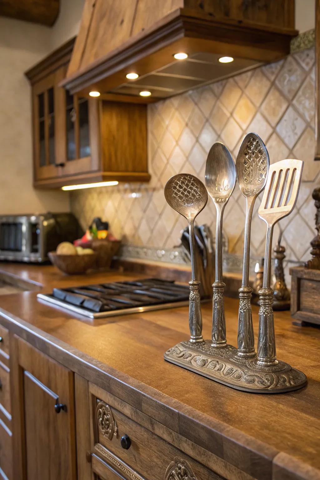 Pewter serving utensils combine beauty with functionality.