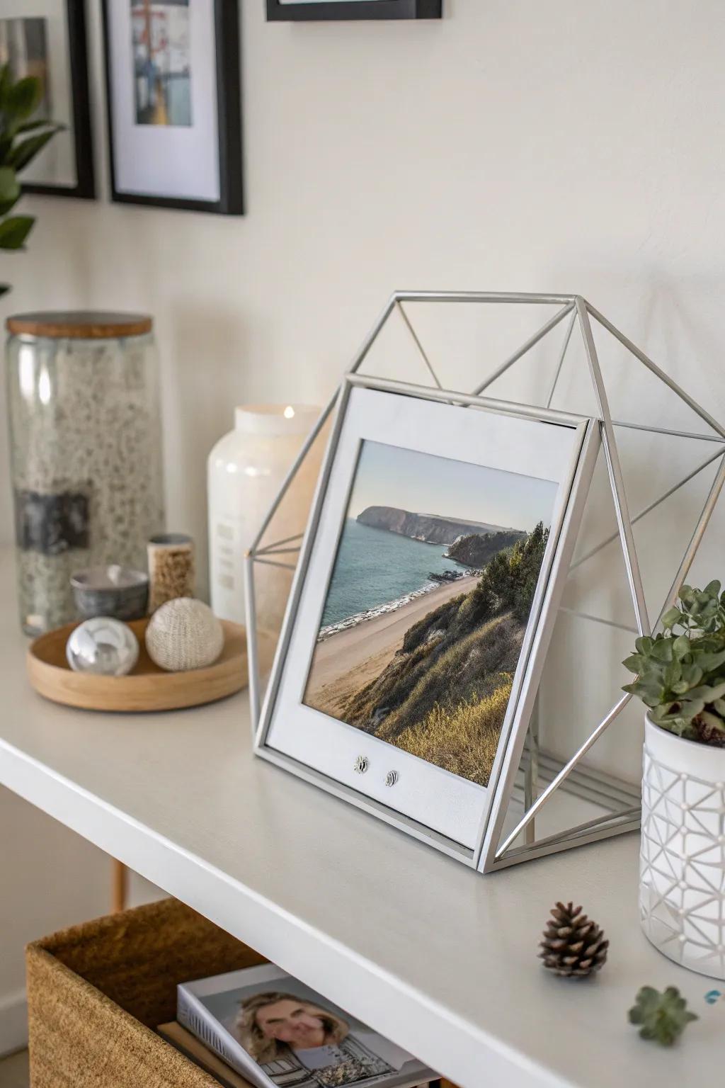 Add modern edge with a geometric wire frame.