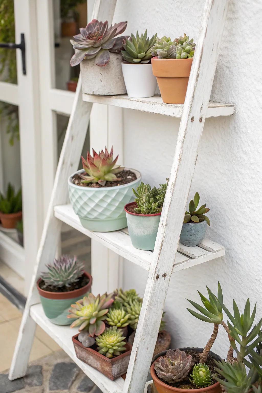 A ladder shelf showcases succulents in a dynamic, layered display.