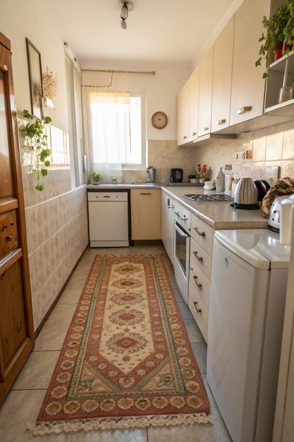 A decorative rug adds warmth and personality to a small kitchen.