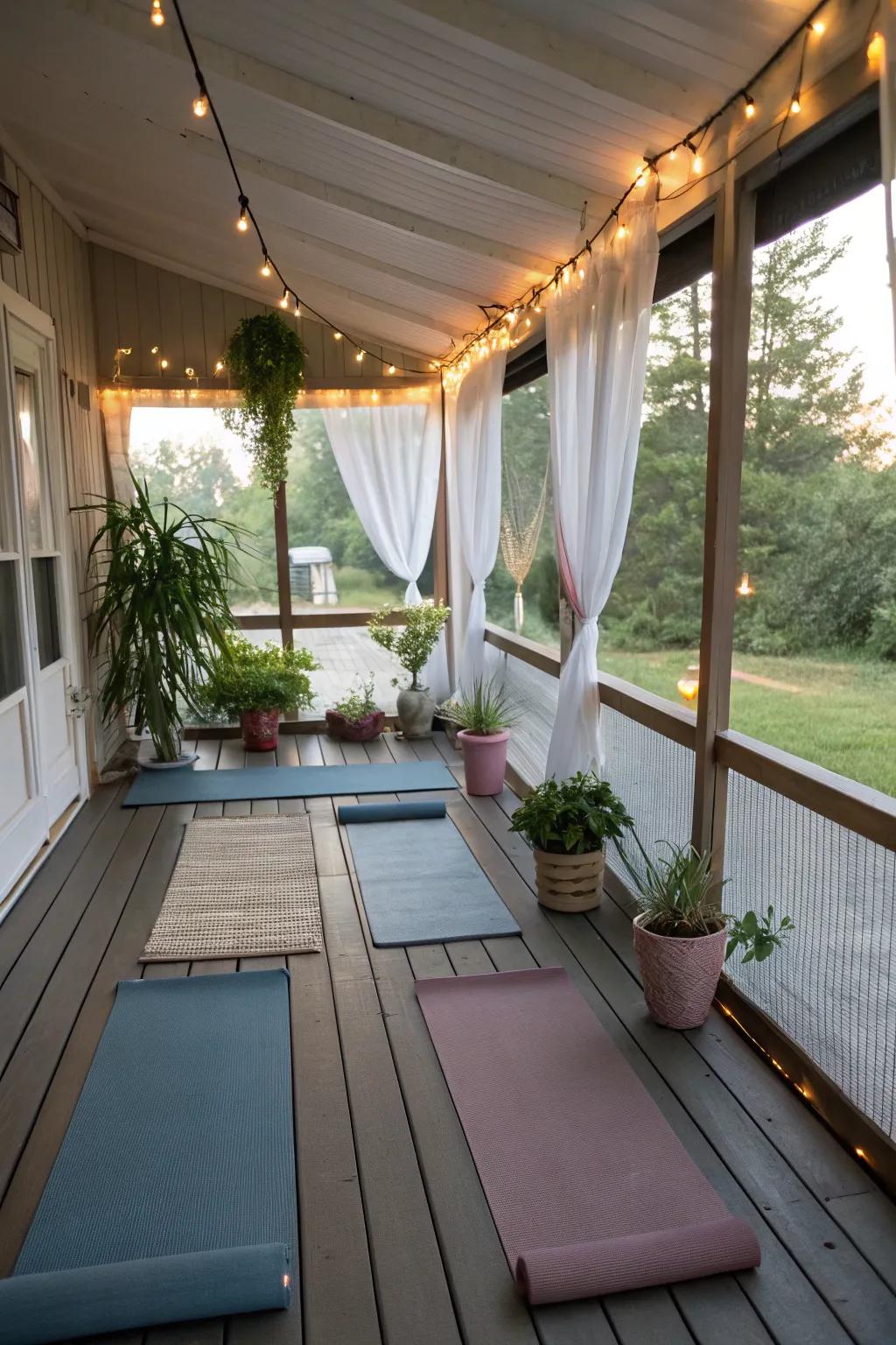 A yoga space on the porch offers a tranquil retreat for exercise and meditation.