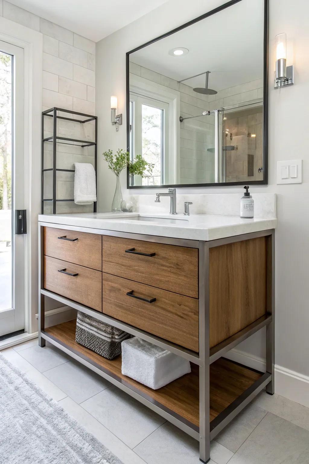 A bathroom vanity that combines modern design with natural elements.