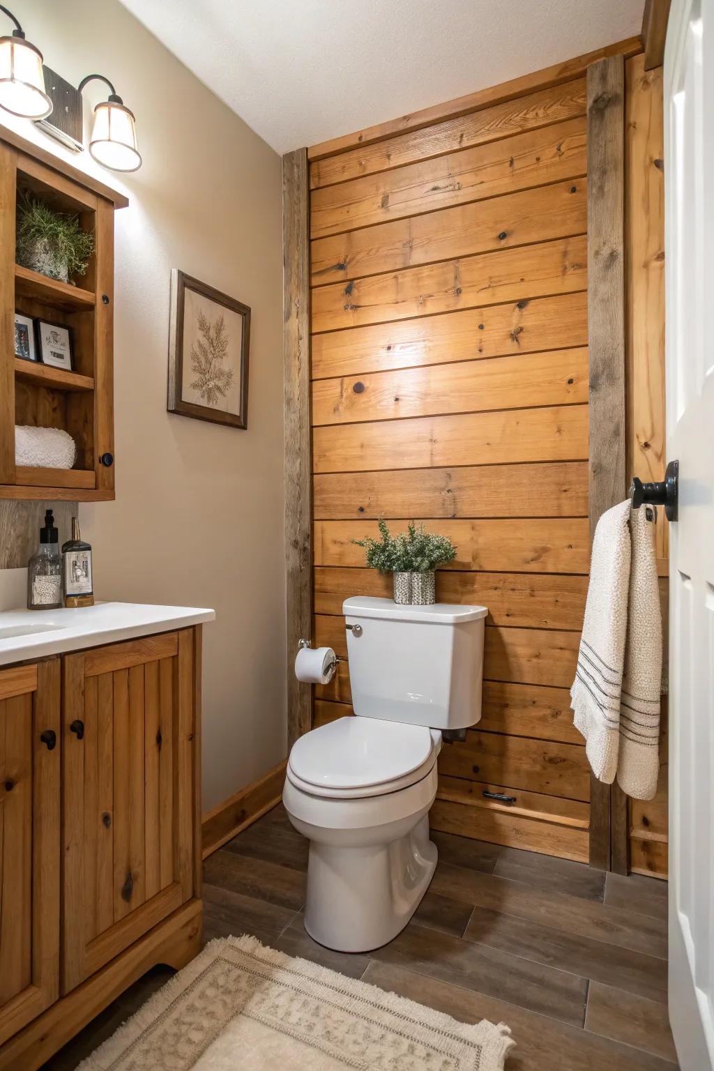 Custom wood paneling brings warmth and sophistication to the bathroom.