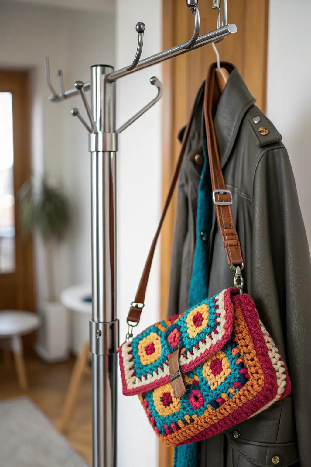 A chic and functional crochet messenger bag.