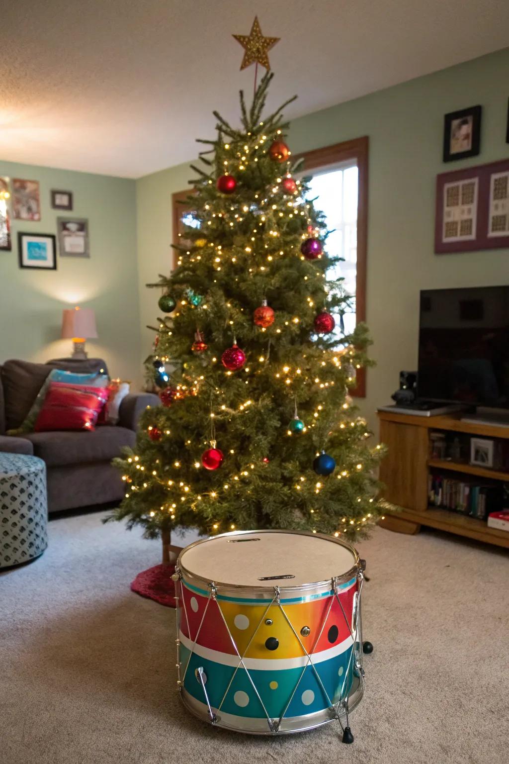 A drum base adds a musical and whimsical touch to your tree.