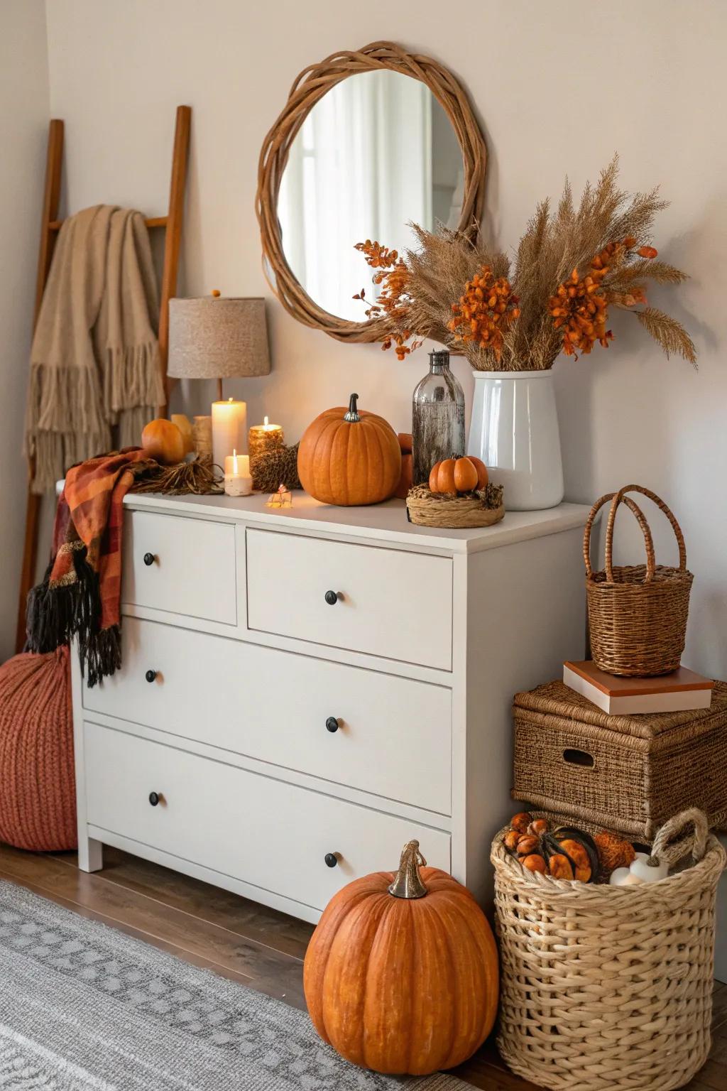 Seasonal decor on a dresser keeps the bedroom feeling fresh and dynamic.