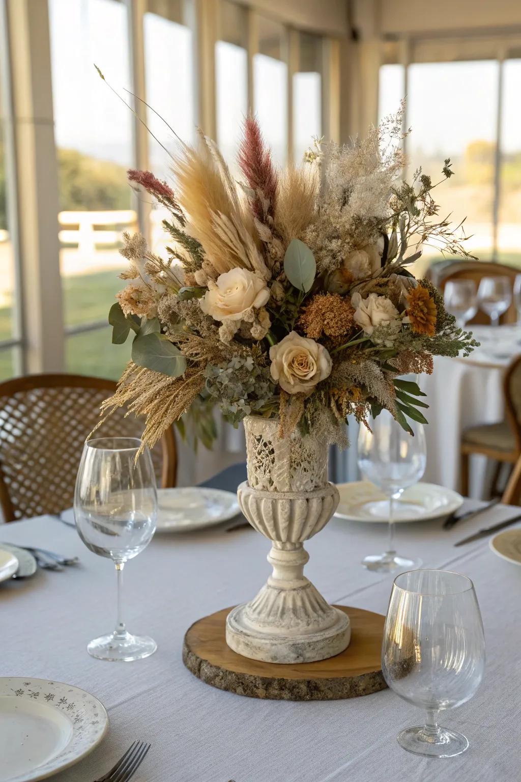 A table centerpiece showcasing a dried wedding bouquet in a decorative vase, adding elegance to a dining table.