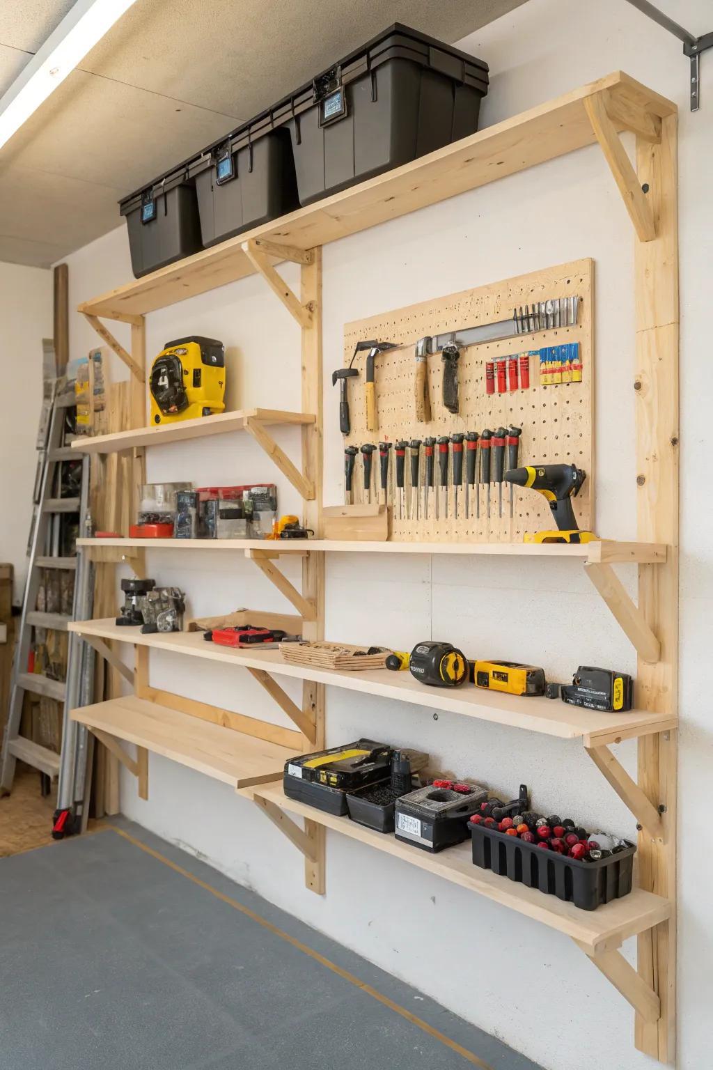 Simple wooden shelf brackets offer structural simplicity.