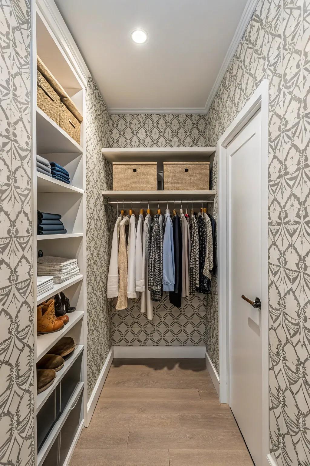 Wallpaper adds personality and a custom feel to small closets.