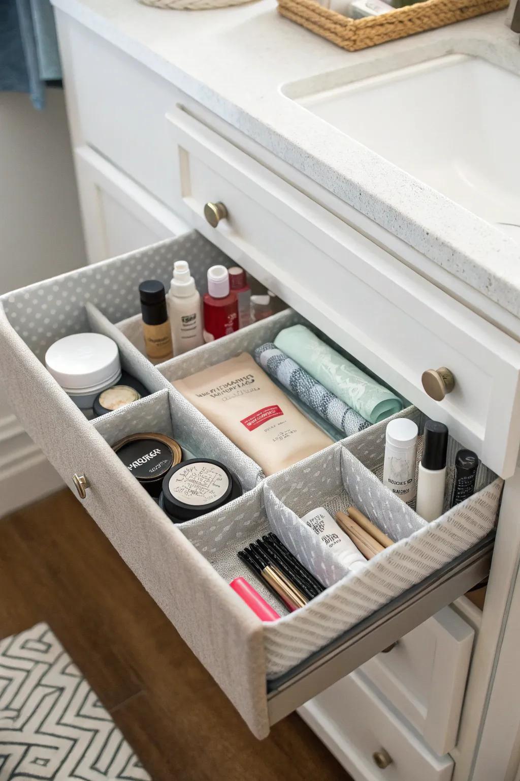 A bathroom drawer with organizers held in place by Velcro strips for stability.