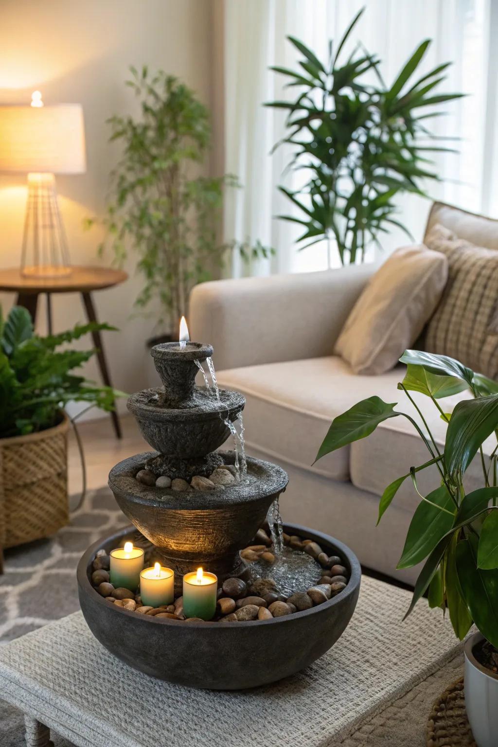 A tabletop fountain adds a soothing ambiance to any room.