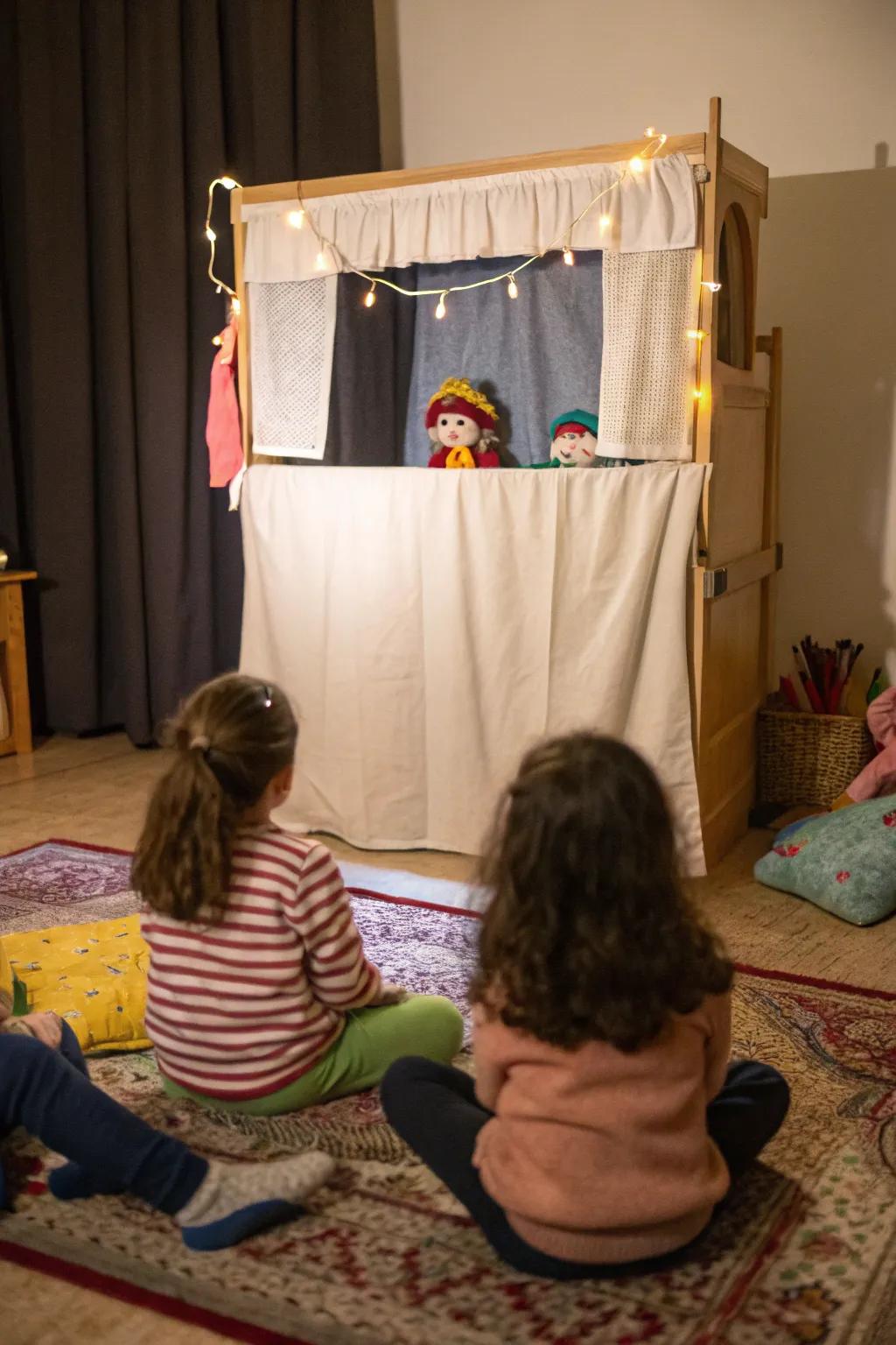 A delightful puppet show bringing stories to life at a birthday party.