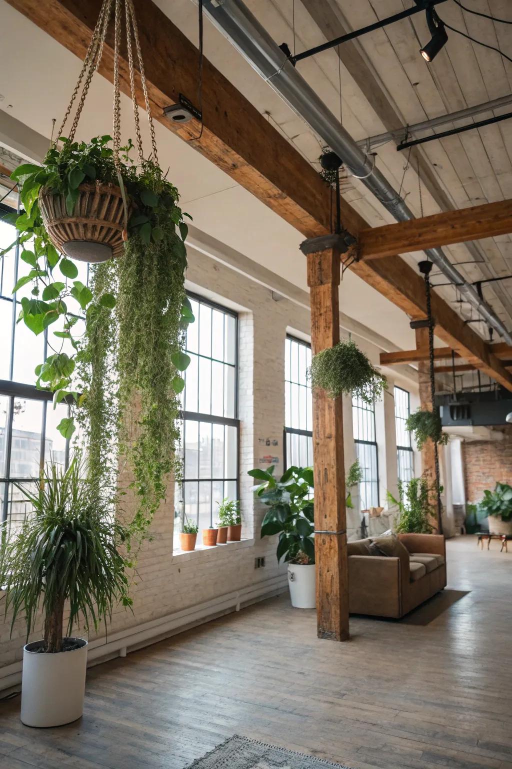 Hanging plants from beams combines industrial charm with natural beauty.