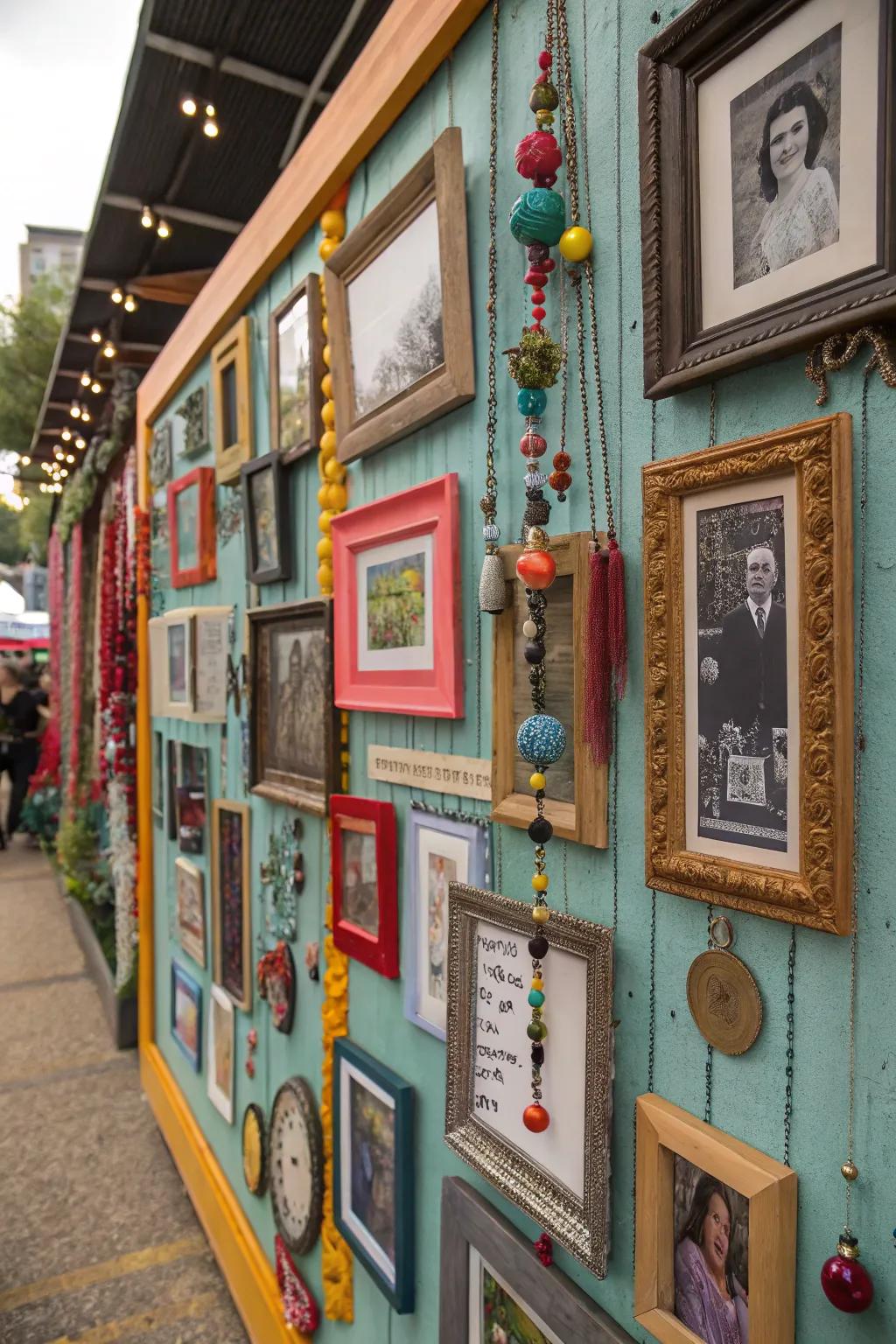 Personalize picture frames with an eclectic mix of junk items.