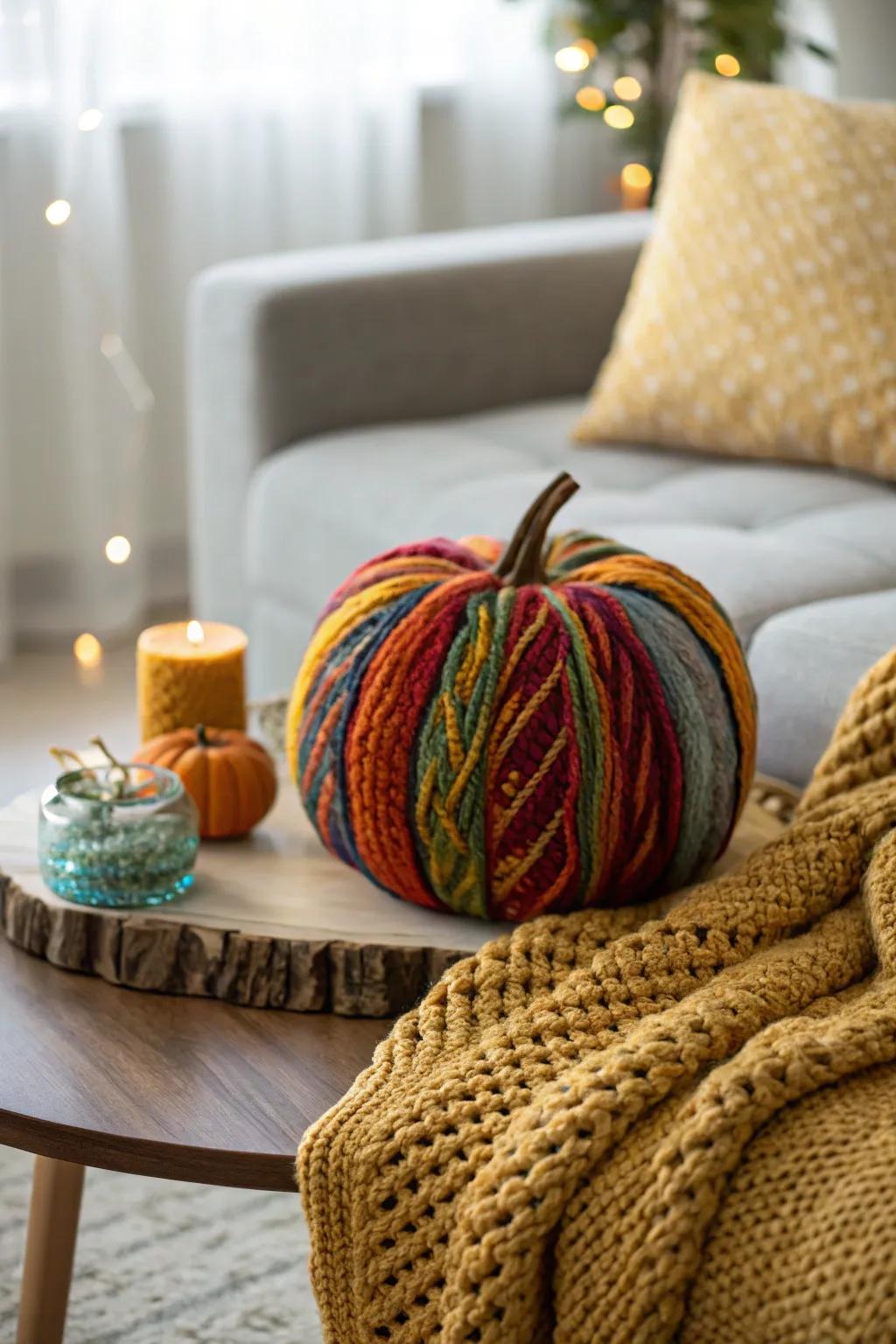 Yarn wrapping adds texture and warmth to this pumpkin.