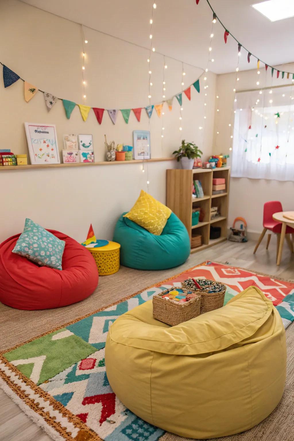 Flexible seating makes the playroom adaptable and comfortable.