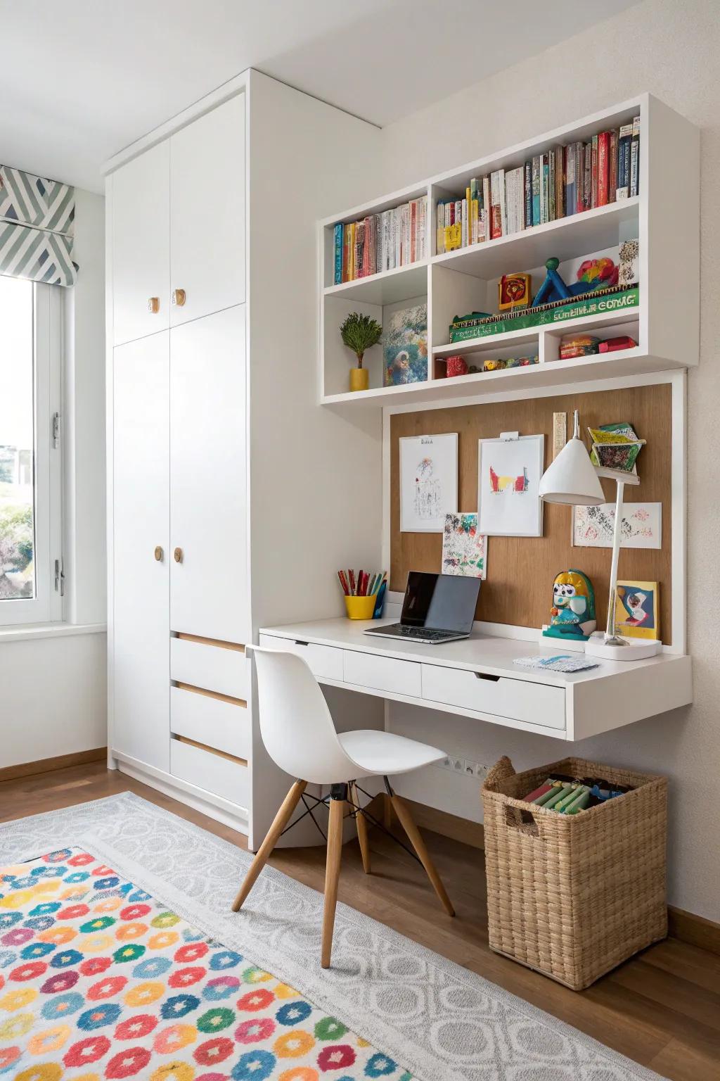 Wall-mounted desks offer a stylish and space-saving workspace.