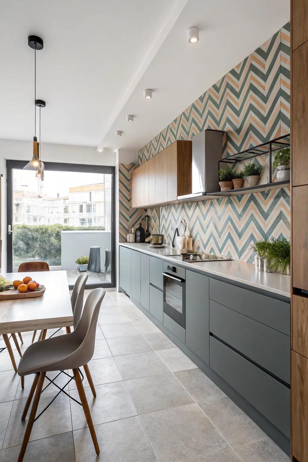 Chevron patterns add dynamic movement to your kitchen.