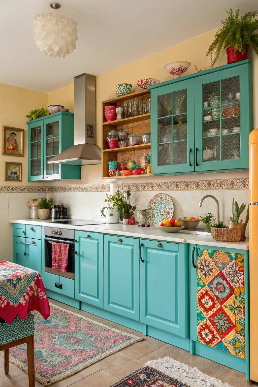 Bright turquoise cabinets add a fun and vibrant splash.