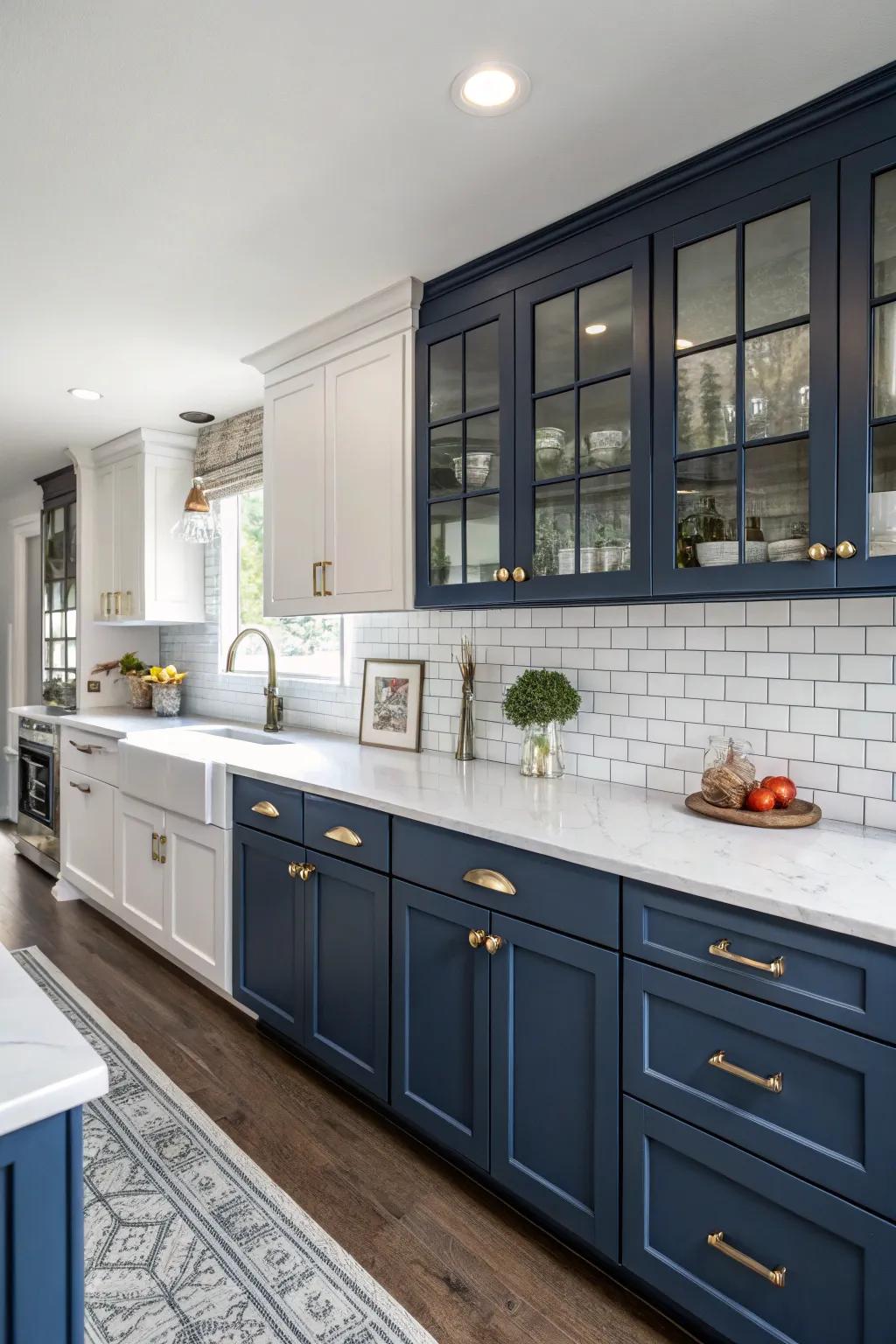 Timeless navy and white create a classic, sophisticated kitchen look.