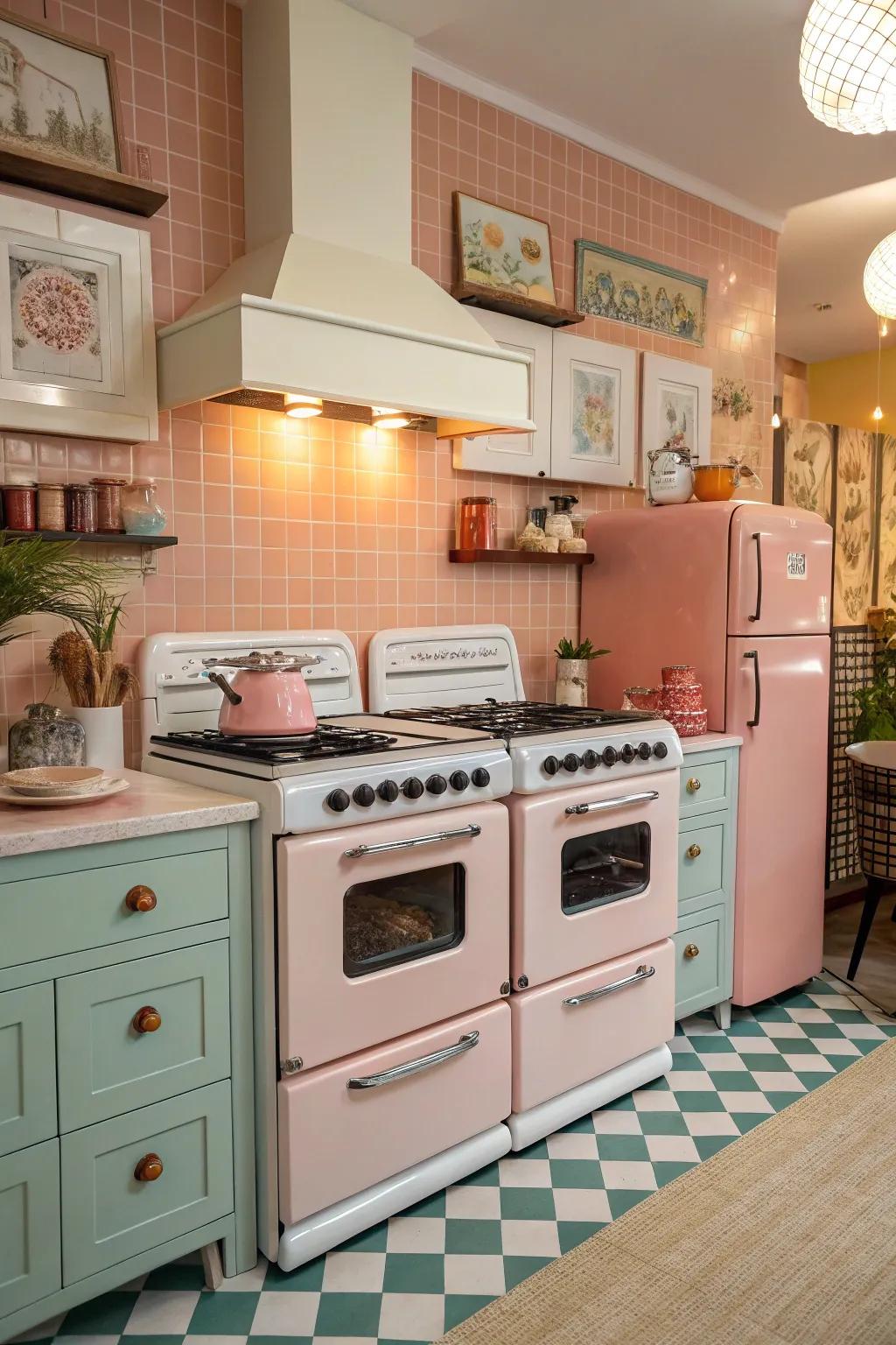 Double ovens adding vintage charm to a retro-themed kitchen.