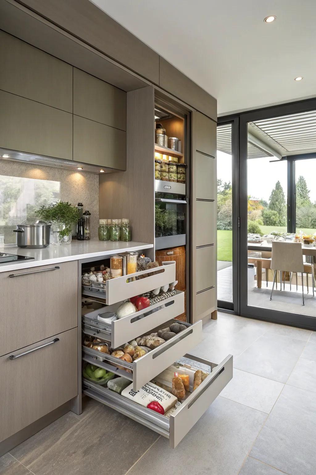 Sliding shelves that improve kitchen accessibility and organization.