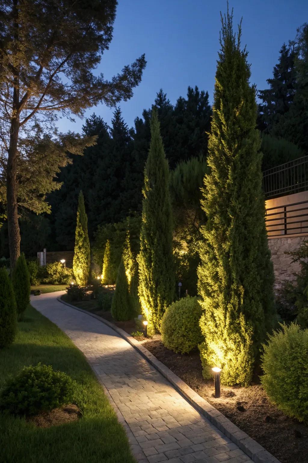 Garden lighting highlighting the form of arborvitae trees at night.