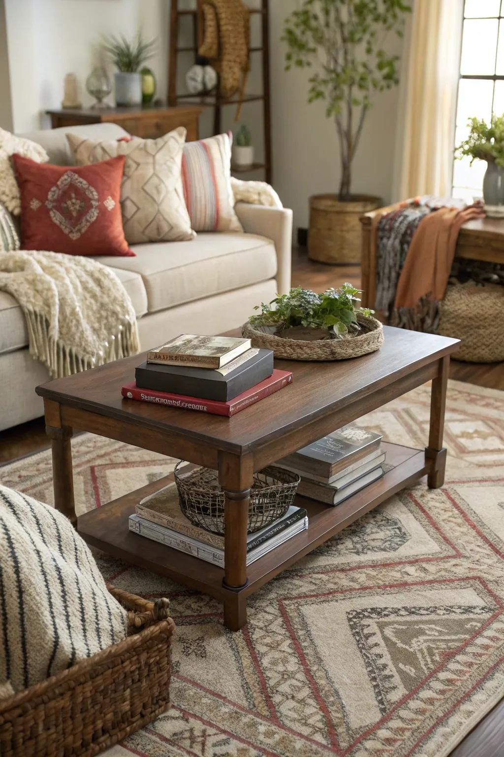 Layered rugs can beautifully frame and highlight a coffee table.