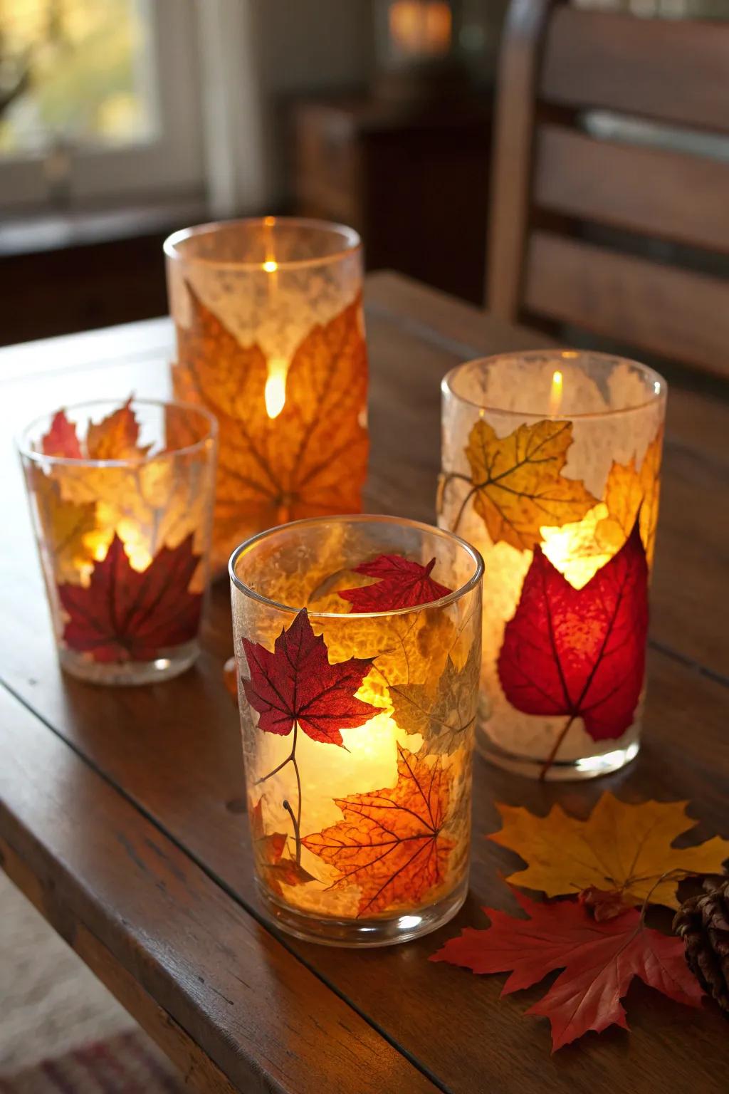 Cozy leaf candle holders perfect for autumn evenings.