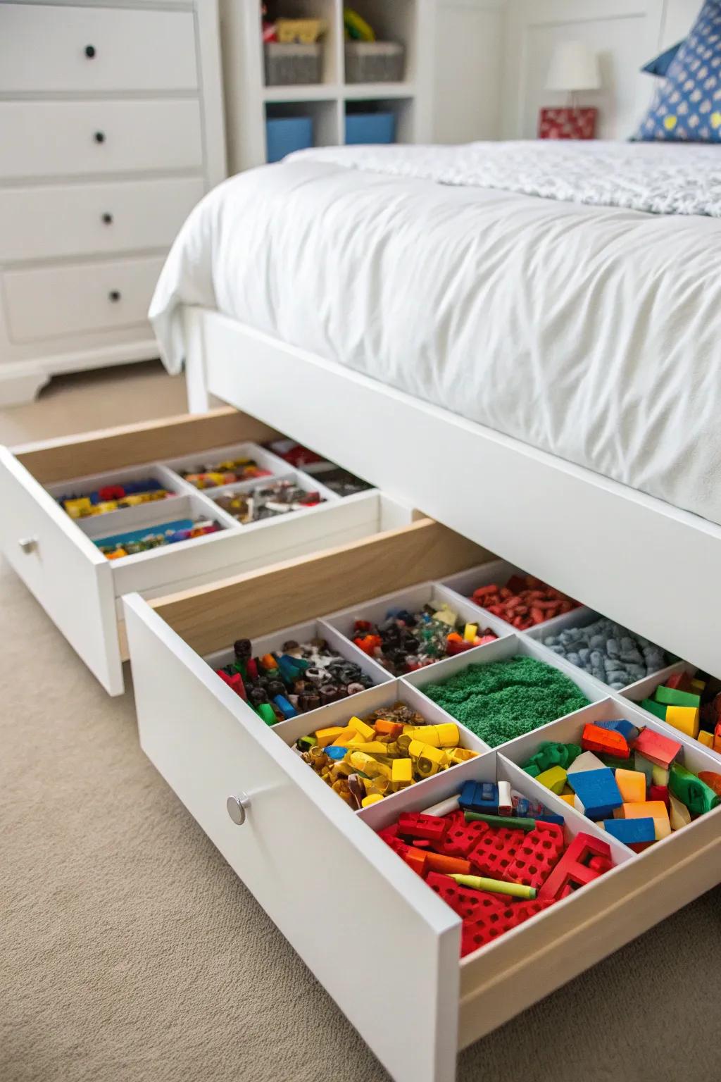 Space-saving Lego storage under the bed.