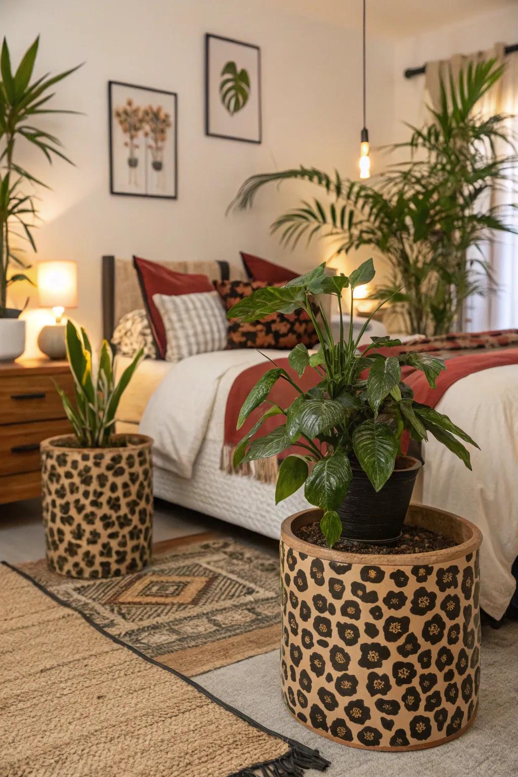 Leopard print planters add a stylish touch to indoor greenery.