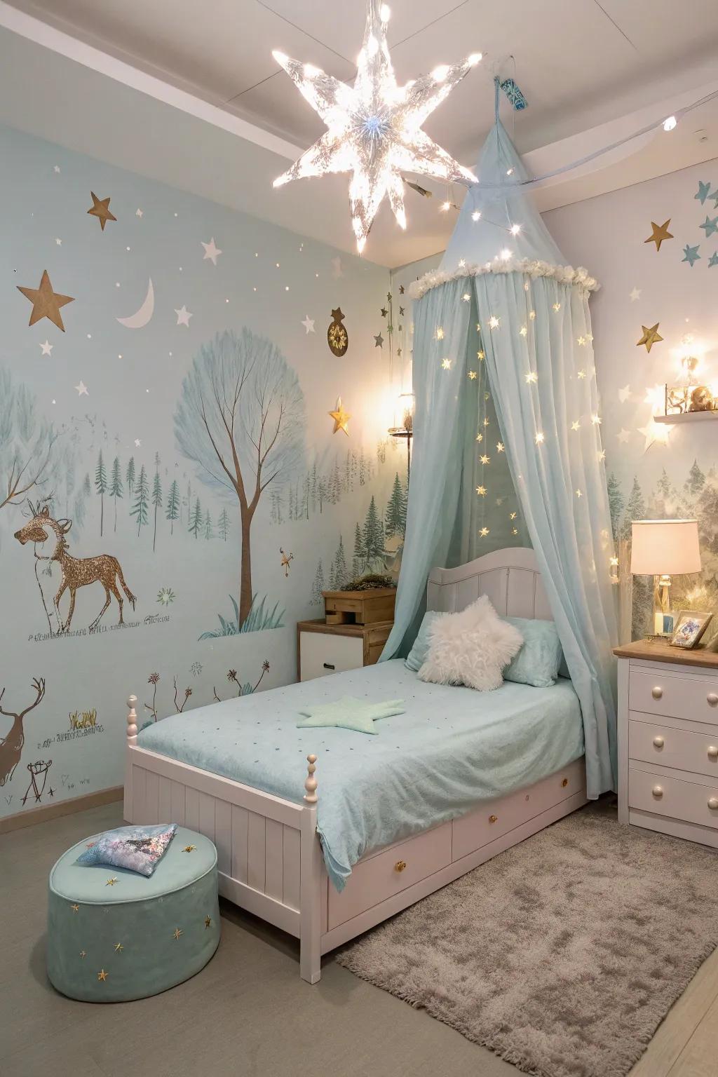 Transform your bedroom into a whimsical fairy tale retreat with light blue bedding.