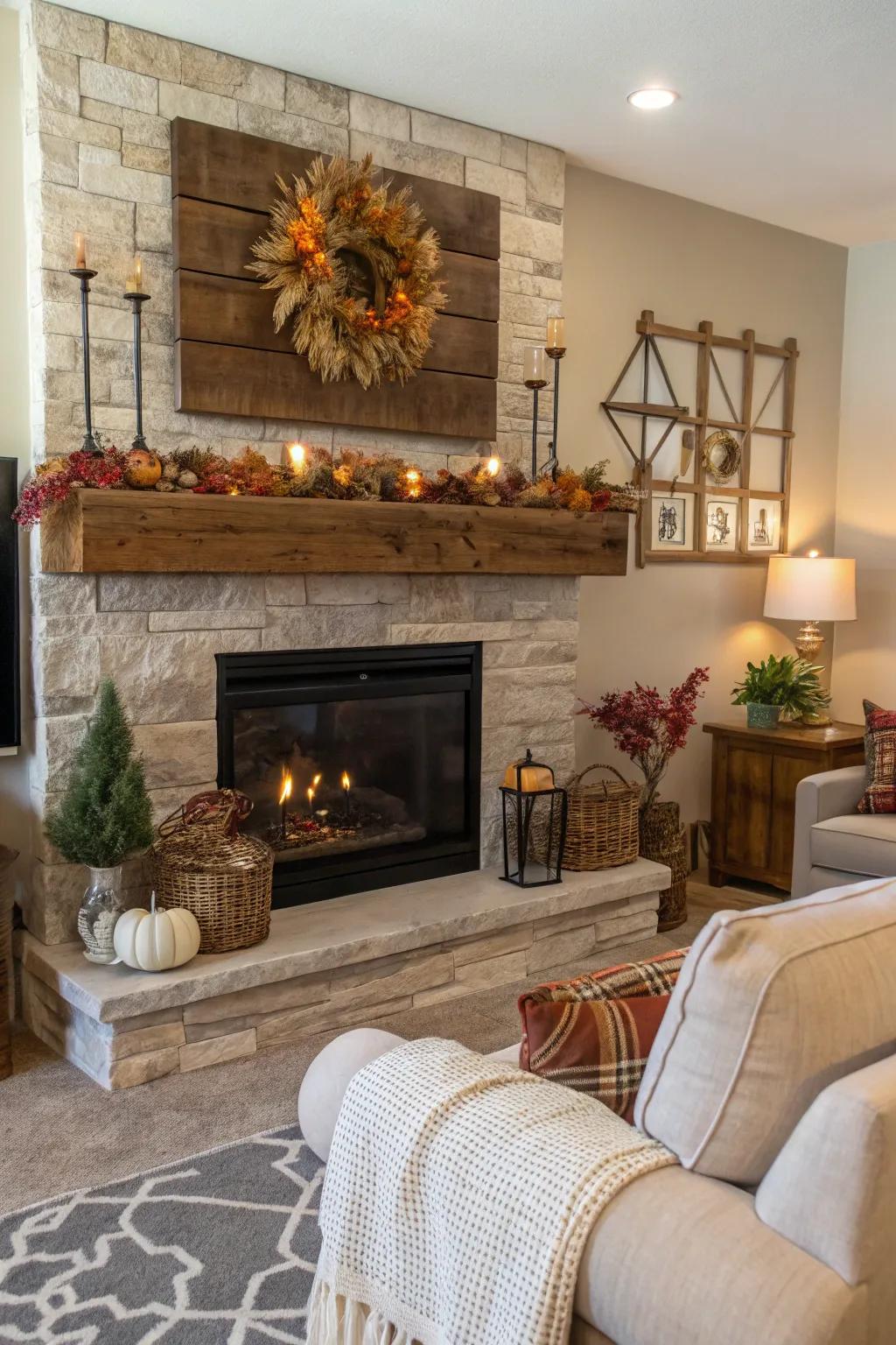 A living room featuring a live edge mantel decorated with seasonal accessories.