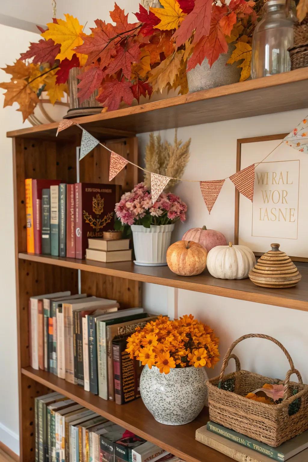 Seasonal decor keeps bookshelf styling fresh and lively.