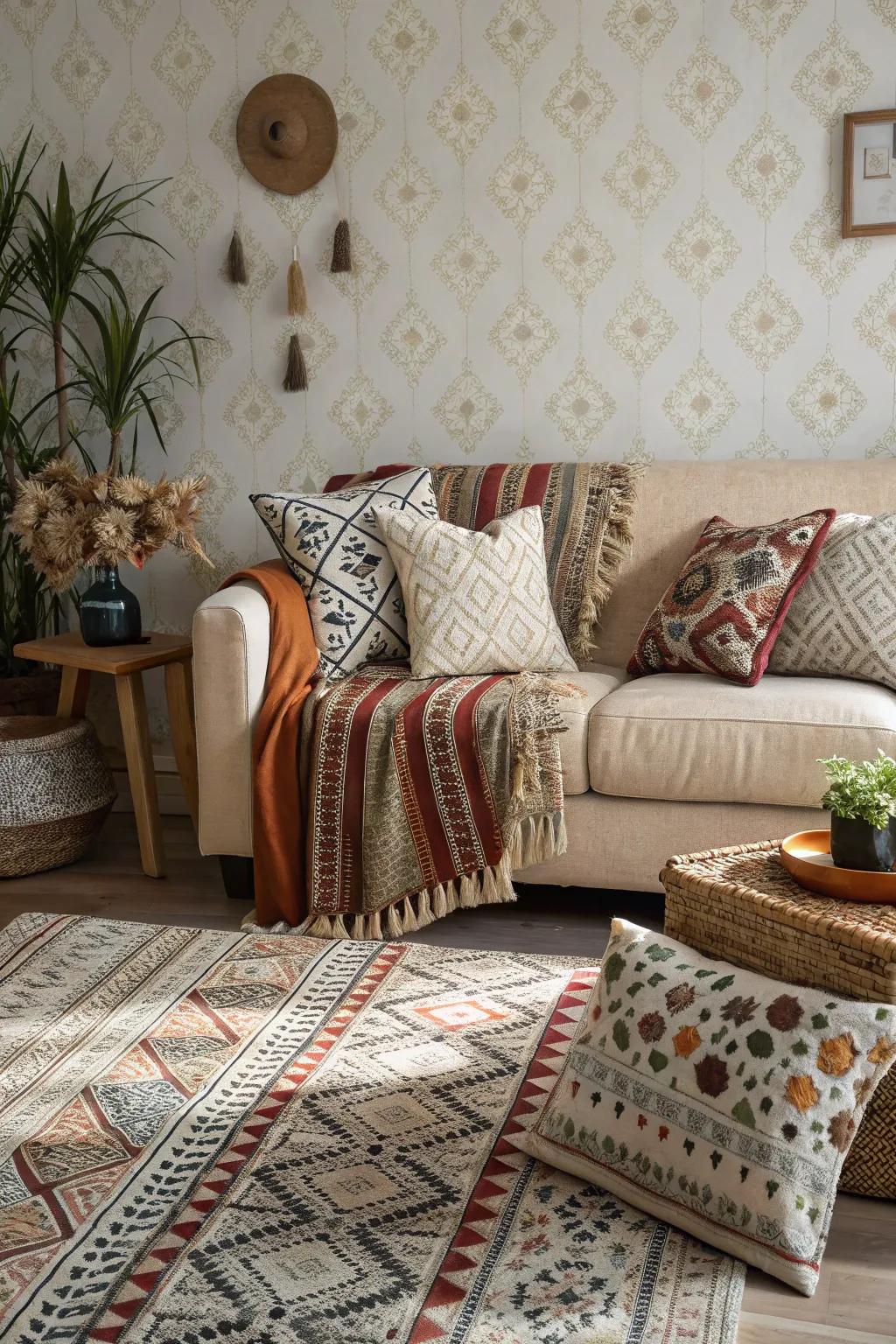 A living room brought to life with a mix of patterns and prints.