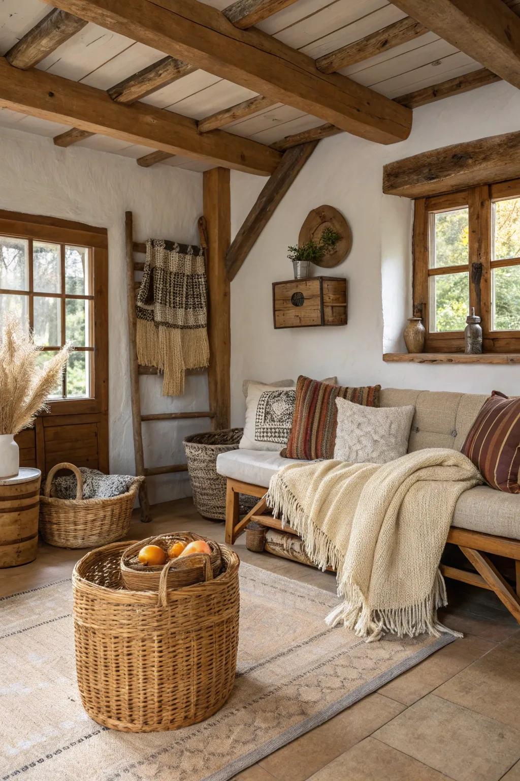 A rustic nook that blends natural materials with cozy comfort.