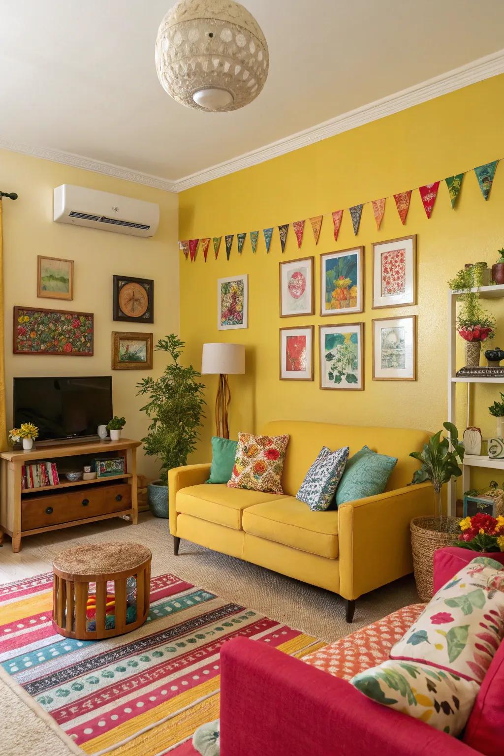 Cheerful yellows add happiness and positivity, brightening your living room.