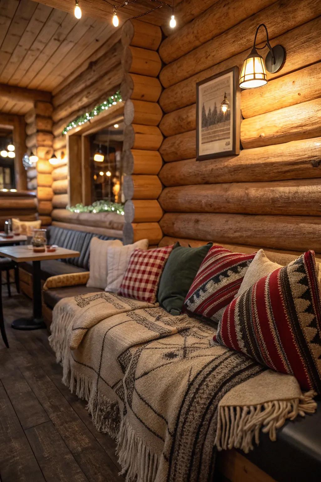 A cozy nook with throws adds warmth and comfort to this log cabin bar.