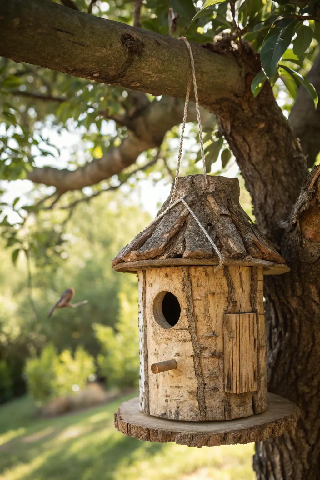Welcome nature with a rustic log birdhouse - where craftsmanship meets the wild.