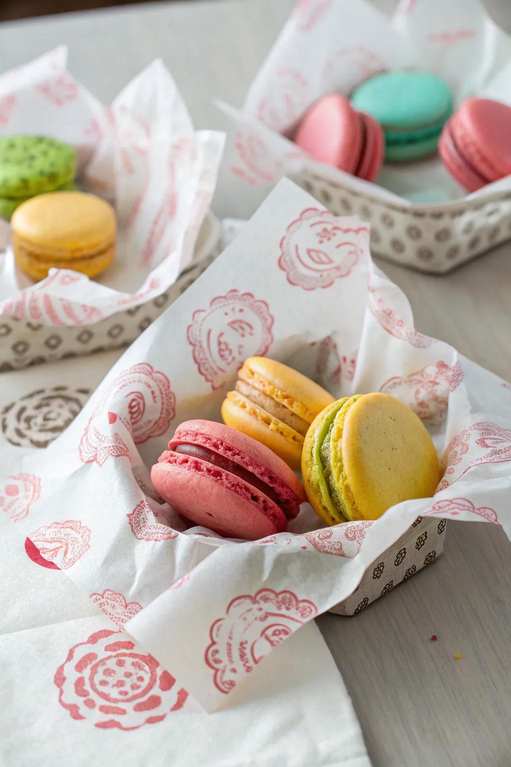 Unleash creativity with DIY stamped tissue paper for macarons.