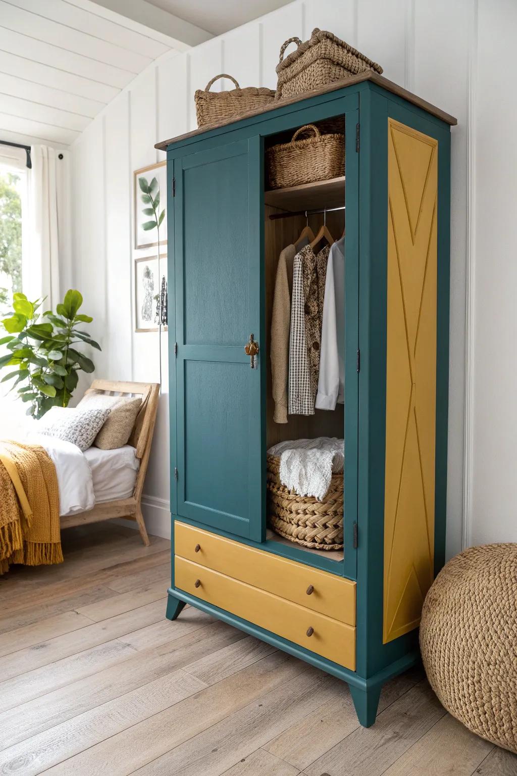 Upcycle with Style: Transform a vintage armoire into a chic centerpiece with bold colors and boho flair.