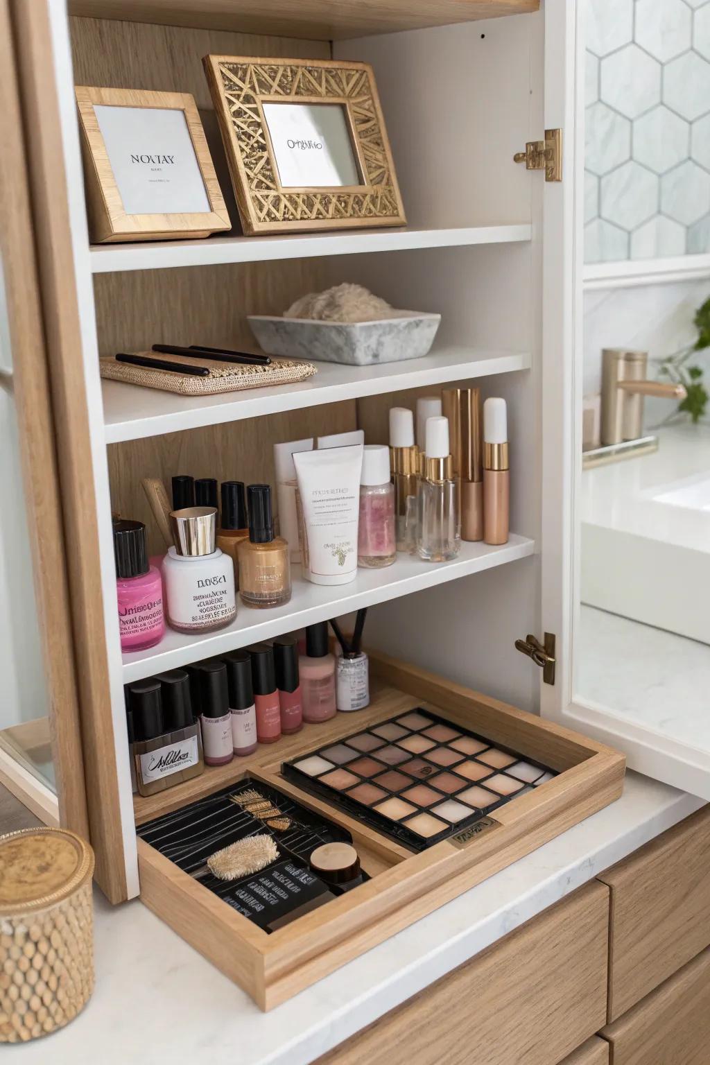 Open shelves offer easy access and a chance to display your beauty items.