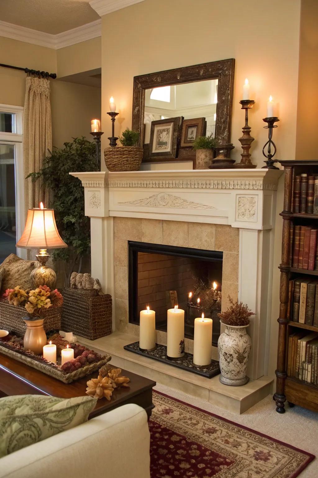 Create dynamic interest with varied heights on your mantel.