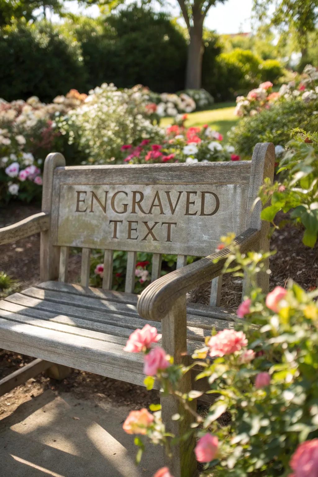 An engraved garden bench for peaceful reflection and remembrance.