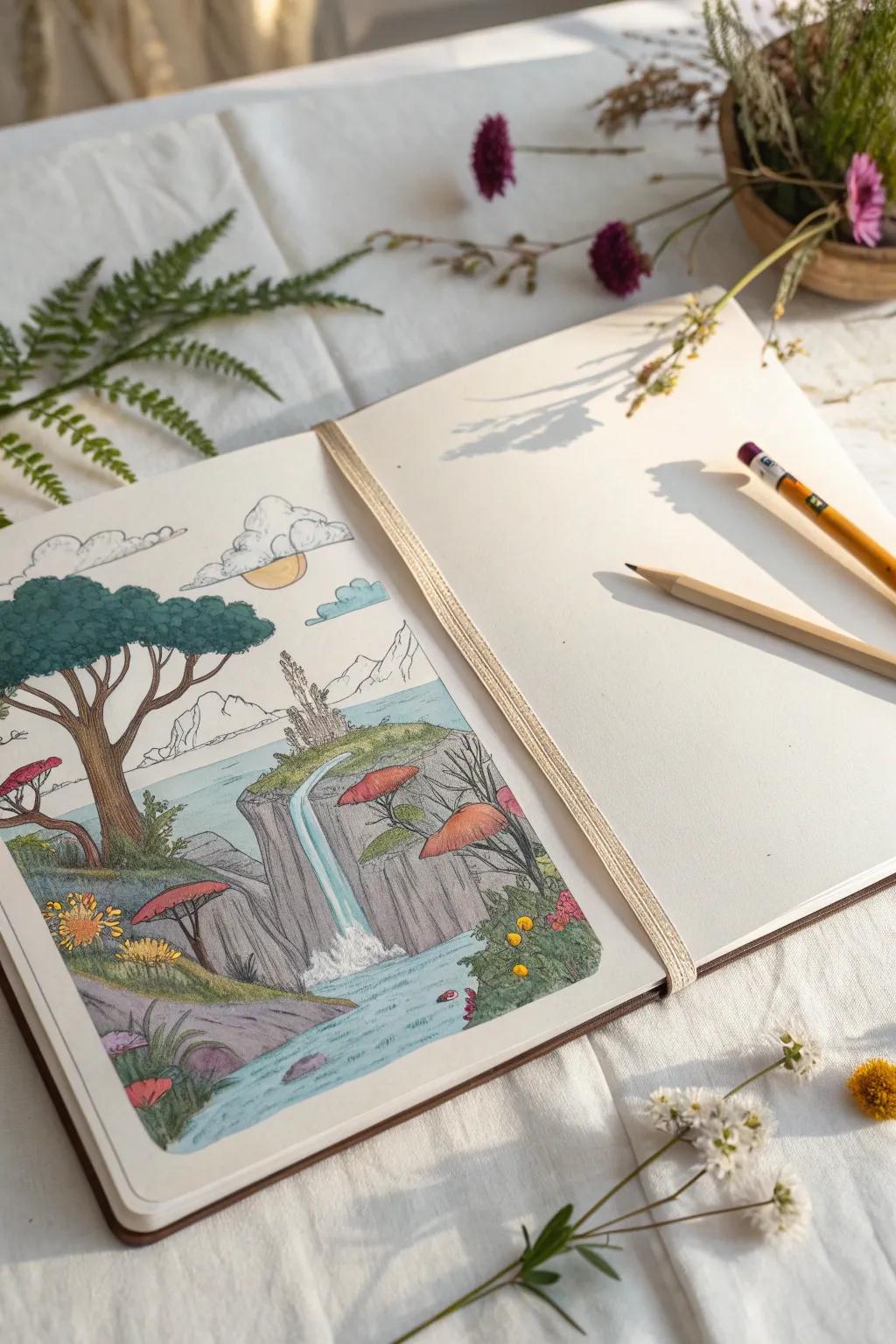 Let your creativity soar with surreal landscapes that transport you to whimsical worlds. ✨🖌️ #SketchbookArt #SurrealLandscapes #CreativeJourney