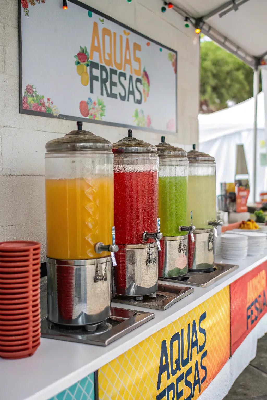 Refreshing aguas frescas station with vibrant drinks for guests to enjoy.